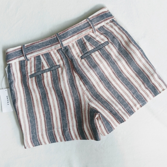 Frame Shorts Linen High Waist Zip Fly Striped Lined Natural Blue Red 8 NWT - Picture 6 of 14